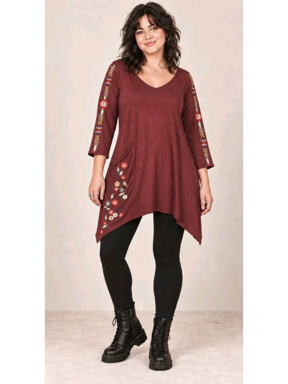 Caite Womens Embroidered Tunic Top Asymmetric Patch Pockets Boho XL Burgundy